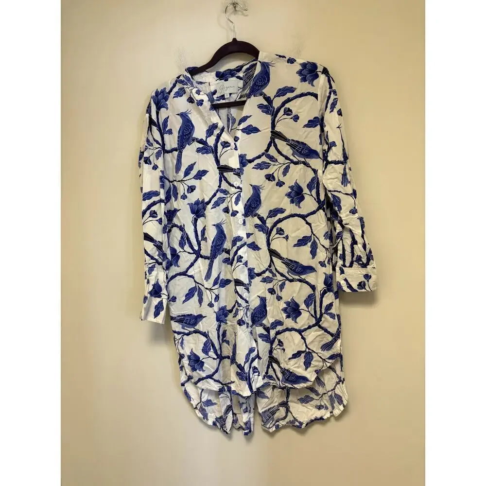 Piyama blue/white bird chinoiserie print Night Shirt Dress